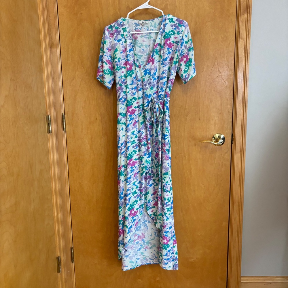 Boii XS Floral Maxi Wrap Dress Short Sleeve V Neck Casual Bohemian - Picture 1 of 8